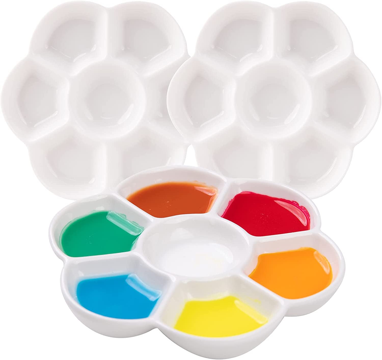 7-Well Studio Porcelain Paint Palette Tray,Set of 3 W/Color Box, Artist Mixing Colour Tray by 4-3/4 Inches for Watercolor Gouache Painting,Round,White