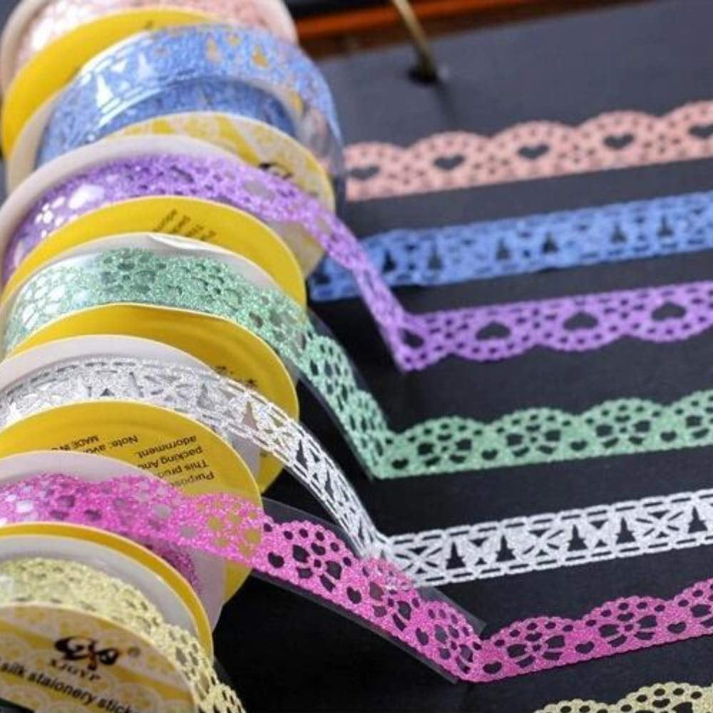 Lace Washi Tape, 6 Roll Lace Pattern Glitter Bling Self-Adhesive Tape Diamond Washi Tape Masking DIY Scrapbooking Lace Tape Sticker Color Random