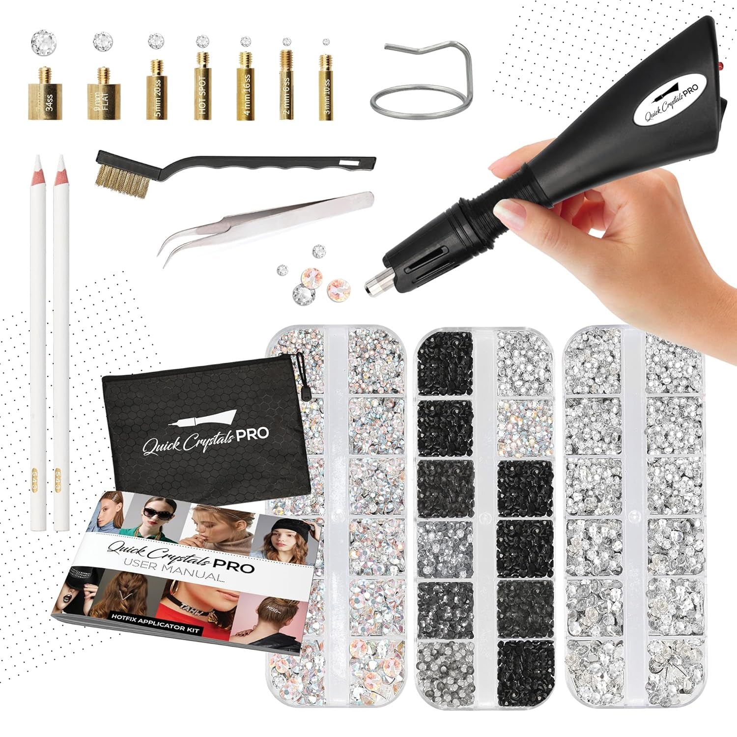 Hotfix Applicator, , Bedazzler Kit with Rhinestones, DIY Wand Setter Tool Kit with 7 Different Tip Sizes, Tweezers, Cleaning Brush, User Manual, and 4400 Rhinestones - Black