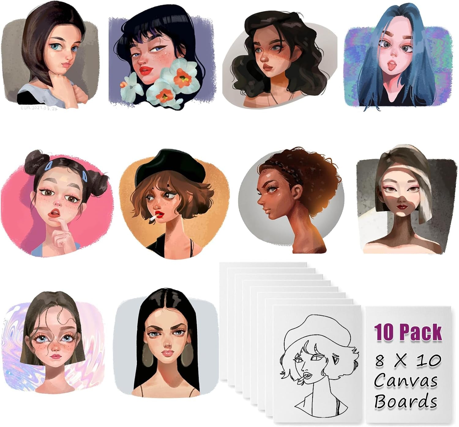 Pre Drawn for Painting for Adults 10 Pack 8X10 without Frame Sip and Paint Canvas,Drawn Canvas for Painting for Adults Kids,Sip and Paint Kit for Adult'S Date Night