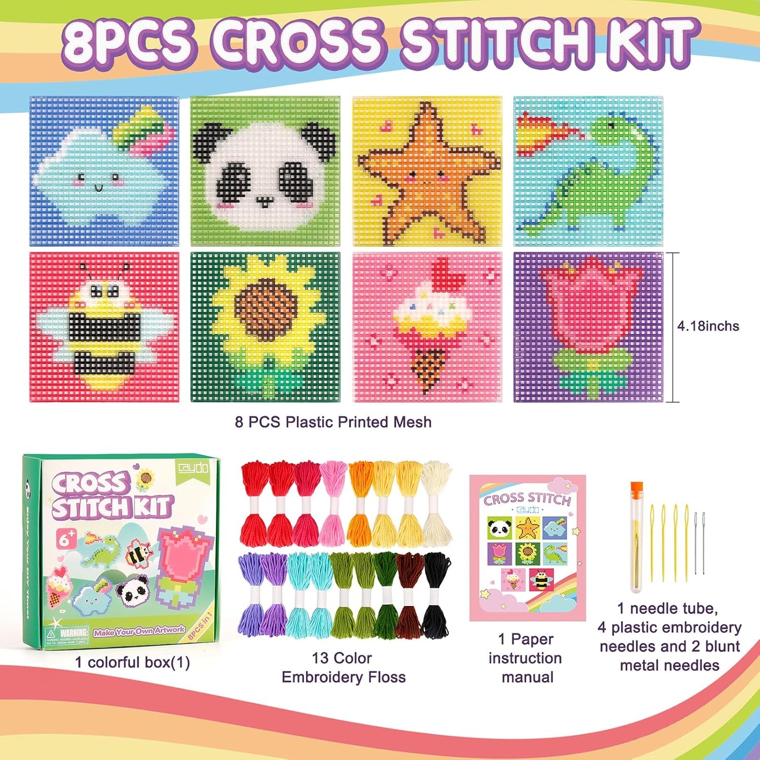 8-In-1 Cross Stitch Kit for Beginners Kids, Includes 8 PCS Plastic Canvas with Pre-Patterns, 13 Colors Threads, Instructions, Embroidery Needles for Beginners Sewing