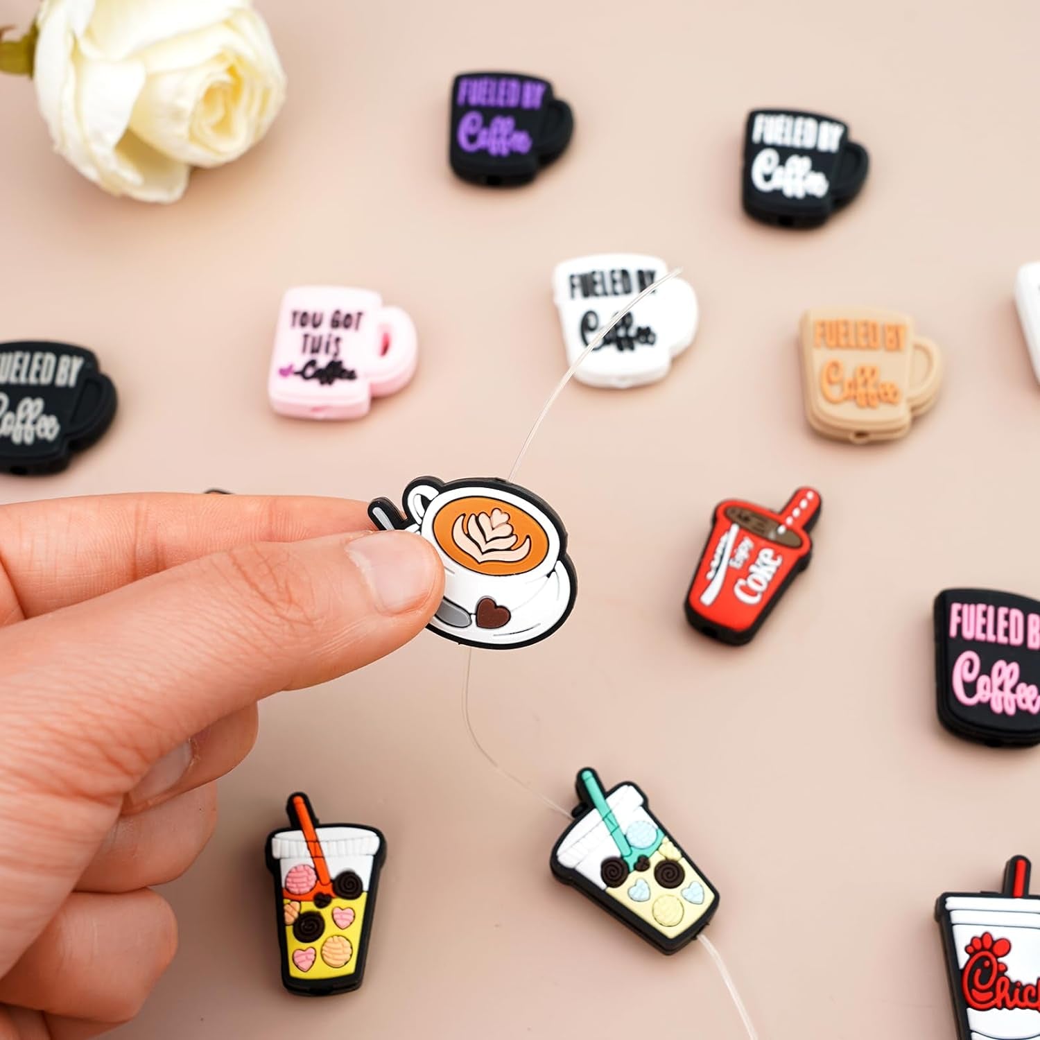 Silicone Focal Beads for Pens Coffee Cup Silicone Accessory Kit 18 Pcs Colorful round Silicone Beads for Keychain Making Bracelet Necklace Handmade Crafts (Cup 1)