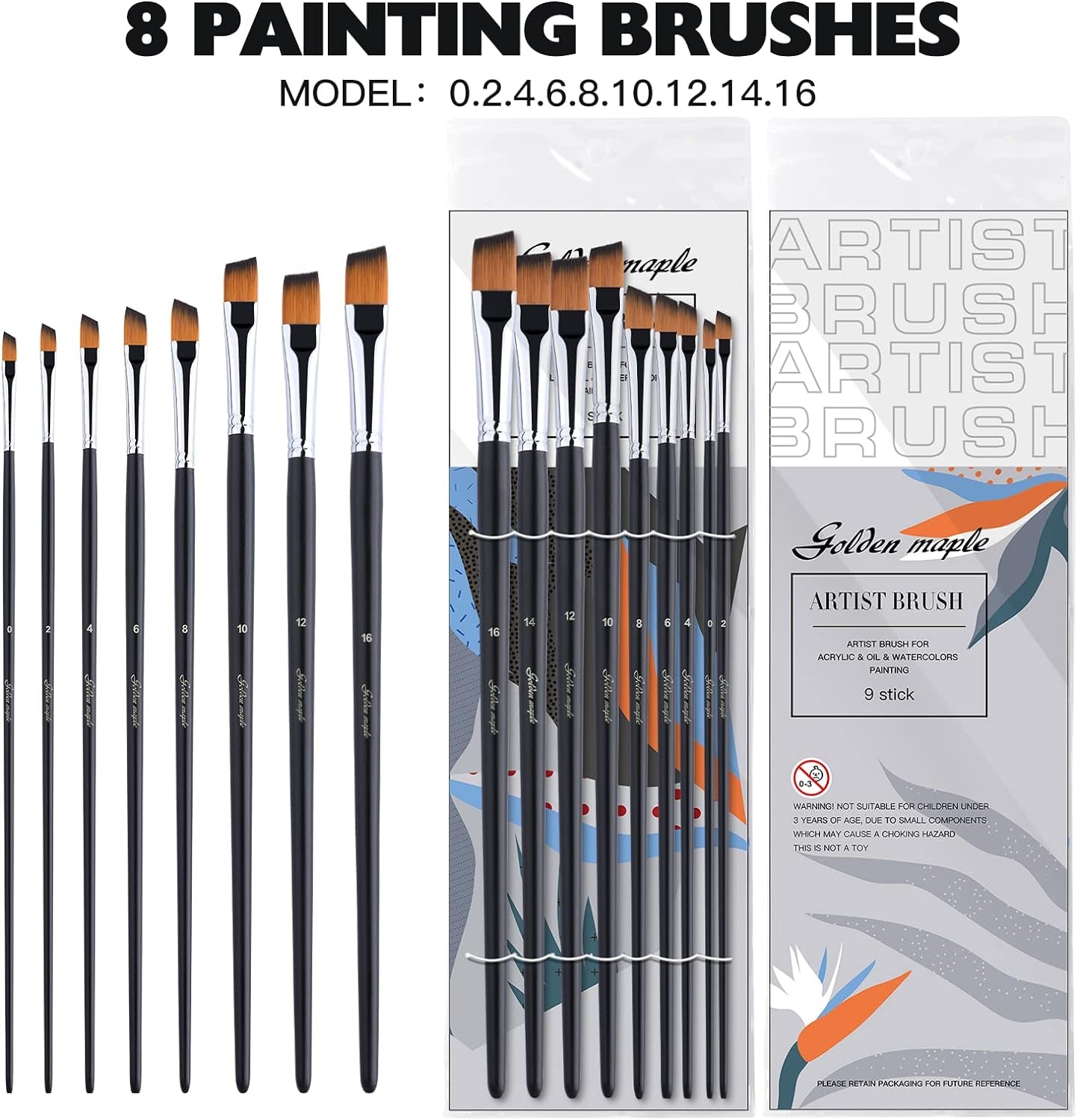 Angular Paint Brush, 9PC Oblique Tip Nylon Hair Long Handle Angled Paint Brushes Set Art Artist Professional Painting Supplies for Acrylic, Watercolor, Gouache and Oil Painting