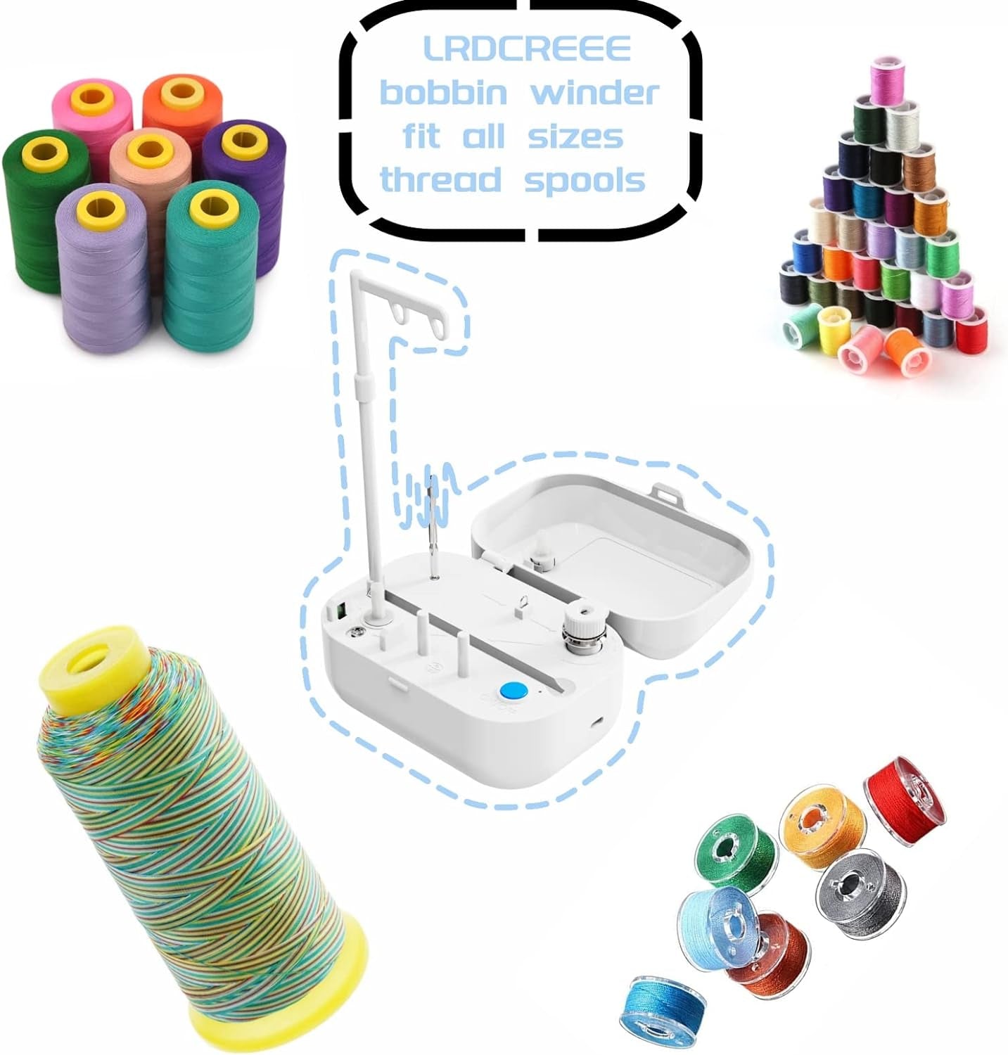 Automatic Bobbin Winder with Auto Stopper, Large Spool Thread Holder and Extra 6 Spools of 400 Yards Polyester Threads for Sewing Machine Thread Winding Use