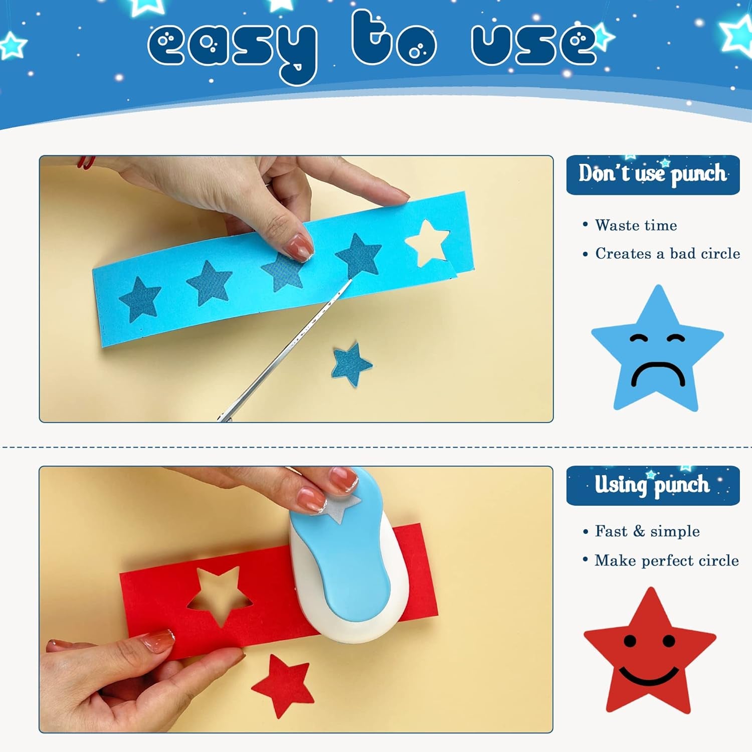 Set 3 Star Paper Punch 0.3'' / 0.63'' / 1'', Scrapbooking Hole Punches Crafting, Design for Office Supplies, Card Making, DIY Photo Album.