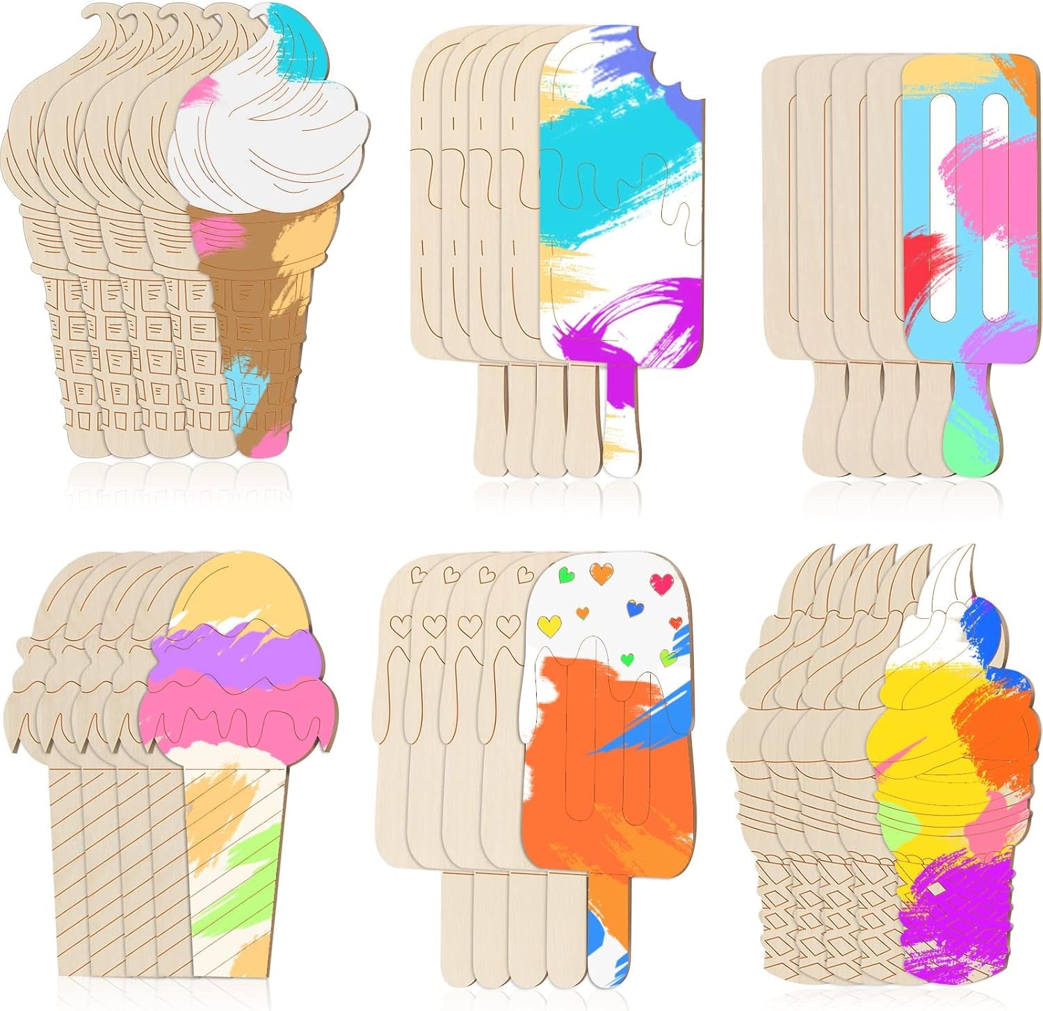 Unfinished Ice Cream Wood Cutouts Summer Crafts Bulk DIY Wood Cutouts Ice Cream Wooden Crafts Ice Cream Party Decor for Art Paint Birthday Ornaments, 6 Styles