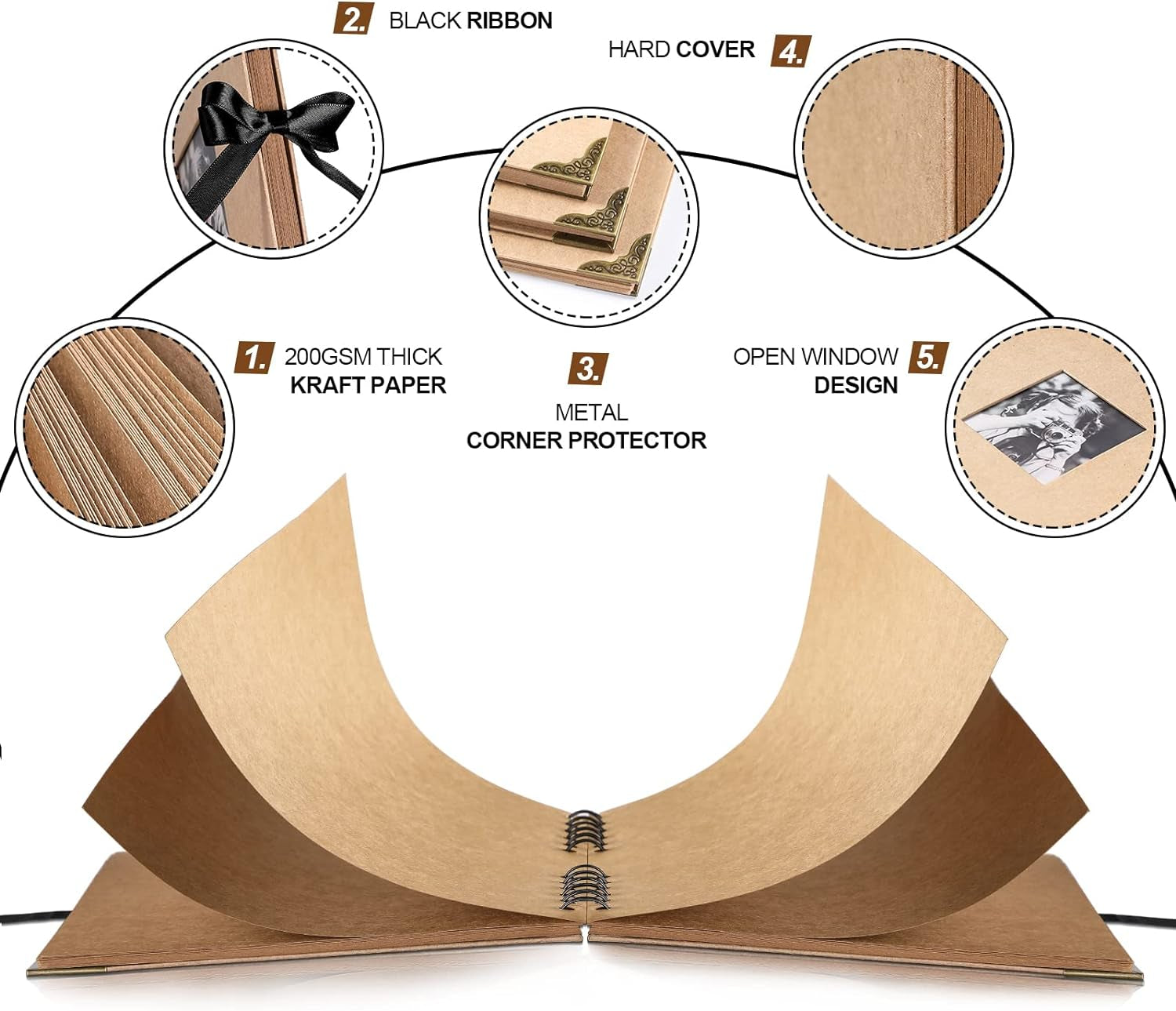 Scrapbook Photo Album - 8 X 8 Inch, 60 Pages, Kraft Paper, Ribbon, Corner Protectors, Suitable for Travel, Graduation, Memories