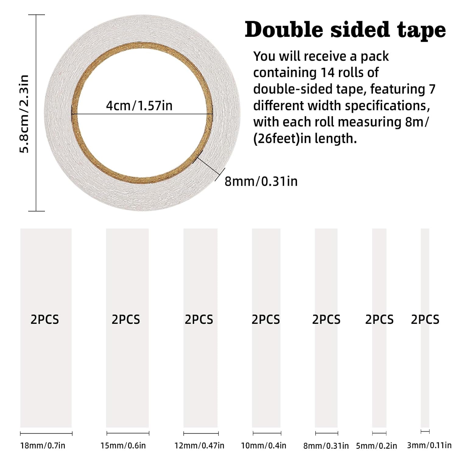 14 Rolls Double Sided Tape for Crafts Scrapbooking Multi-Purpose and Multi-Size Tape for Arts, Photography, Gift Boxes, Card Making, Paper Backing, Office Supplies(3Mm/5Mm/8Mm/10Mm/12Mm/15Mm/18Mm)