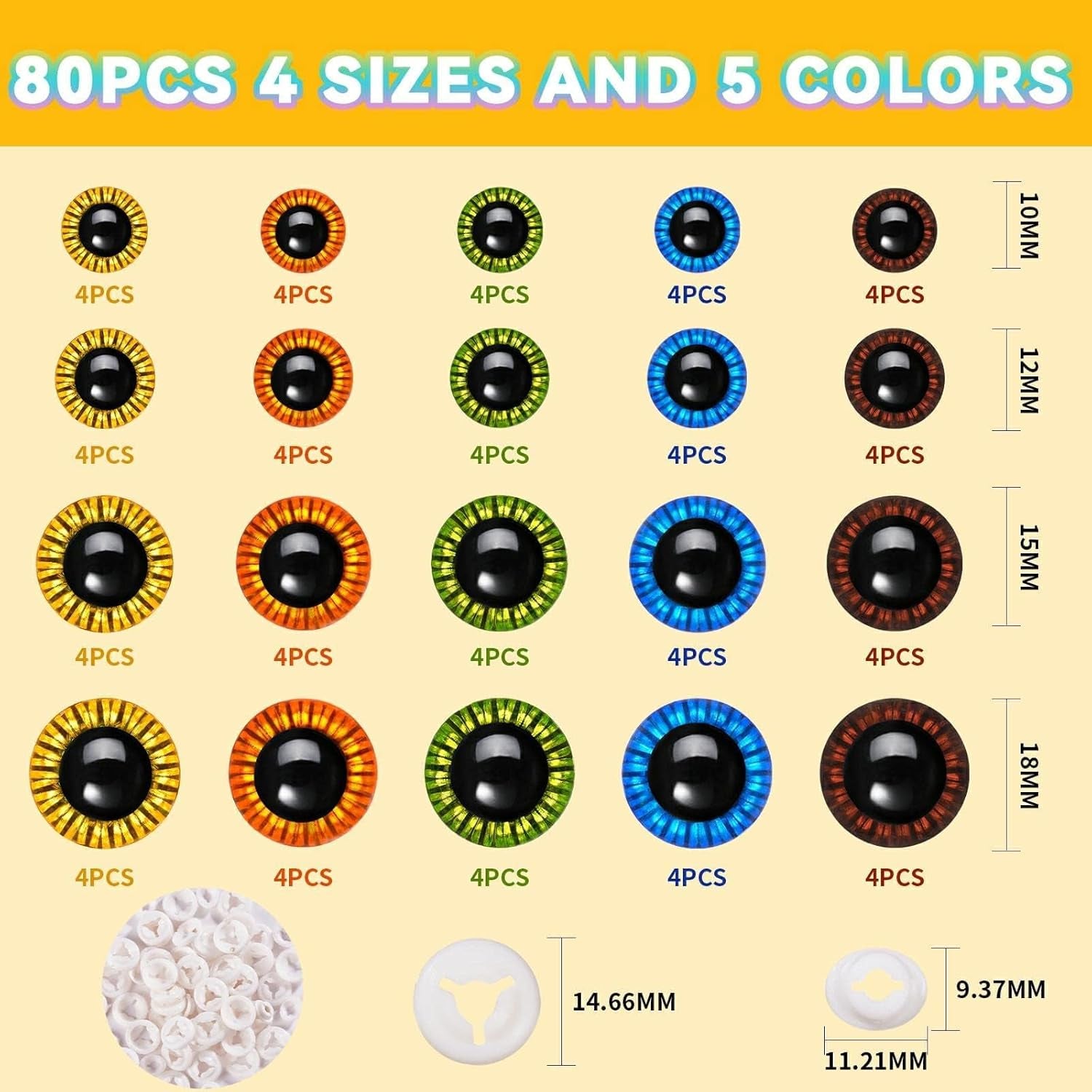 Safety Eyes 80 PCS 10Mm-18Mm Safety Eyes for Amigurumi Plastic Craft Colored Safety Eyes for Crochet with Washers Crochet Eyes for Plush Stuffed Animals, Stuffed Toy and Halloween Decorations
