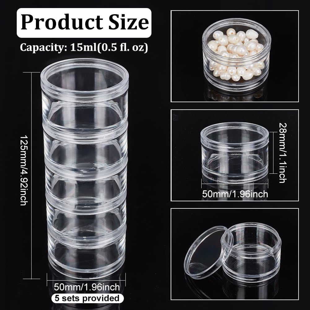 15G/15ML Stackable round Plastic Containers 5 Column(5 Layer/Column) Bead Storage Jars for Seed Beads, Nail Art Glitters, Diamond Drills