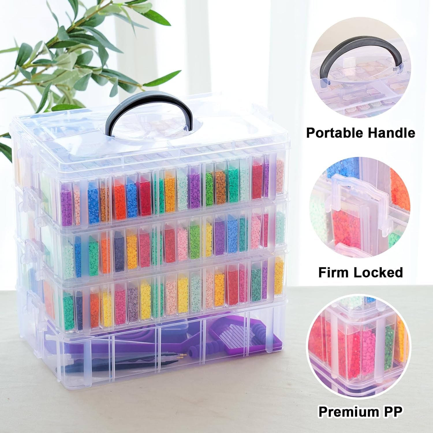 264 Slots 4-Tier Diamond Painting Storage Container Clear Stackable Bead Organizer with Diamond Painting Accessories and Tools for DIY Diamond Art Craft Jewelry Bead Storage
