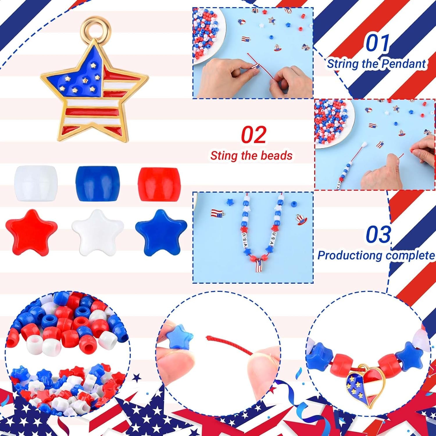 4Th of July Jewelry Craft Kits DIY Bead Necklace Crafts USA Letter Beads Red White Blue Beads for Patriotic Day Jewelry Making Kits Independence Day Decorations