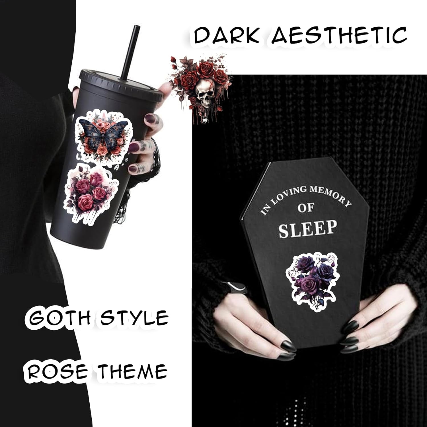 100 Pcs Dark Aesthetic Goth Style Stickers, Vintage Rose Skull Stickers Horror Vinyl Decals for Water Bottles Laptop Phone Scrapbook Junk Journal Collage DIY Crafts