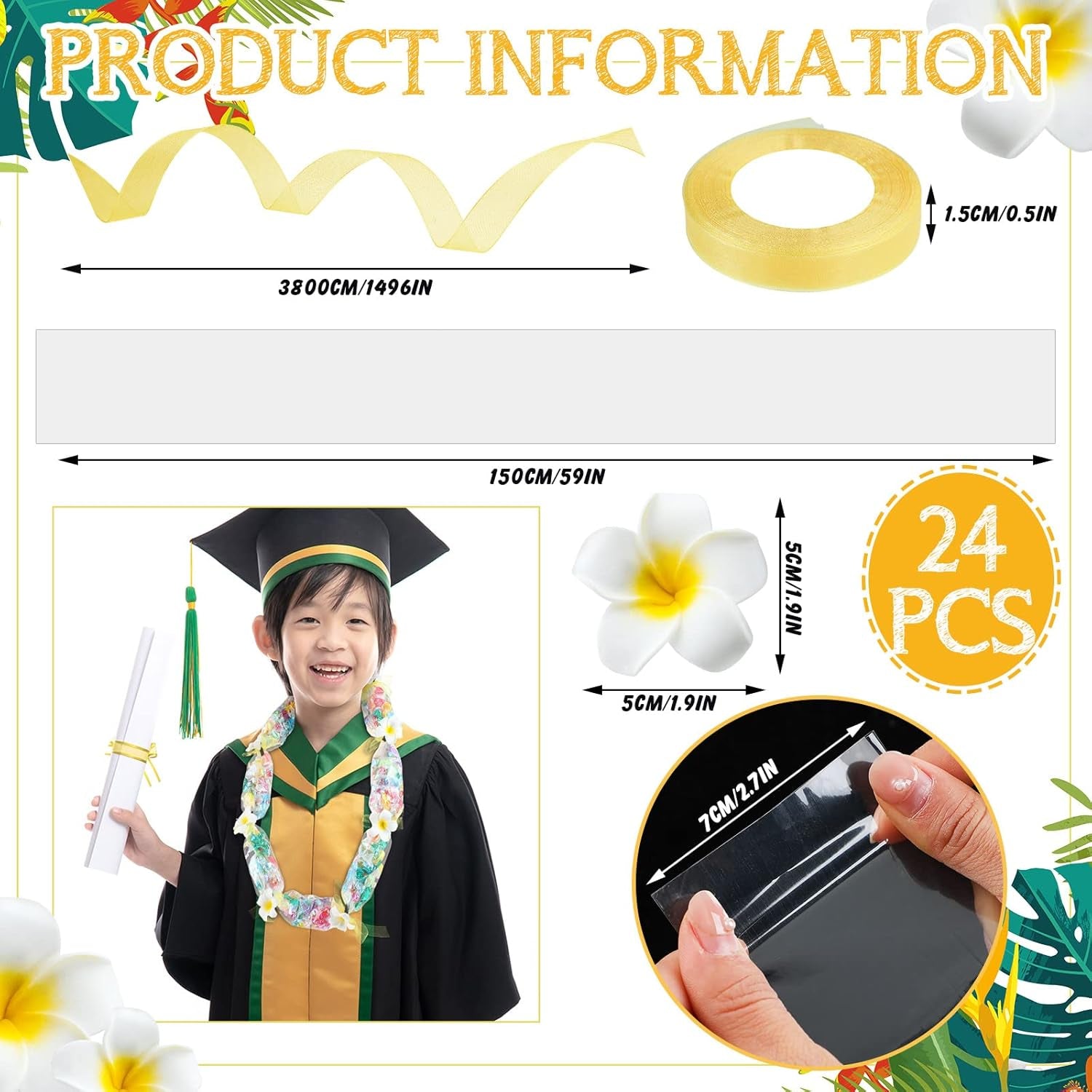24 Set Graduation Candy Lei Making Kit Class of 2024 Hawaiian Lei Candy Lei Tubing Lei Bags Congrats Grad Lei Long Lei Ribbons Candy Dessert Filler for Party Graduate (Net Flower Style)