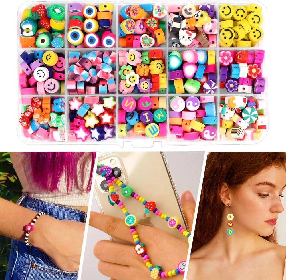 300PCS Clay Beads Charms,Fruit Flower Letter Beads Soft Beads for Women Girls Bracelet Making DIY Bracelet Necklace Earring Accessories with 4M Crystal Elastic String