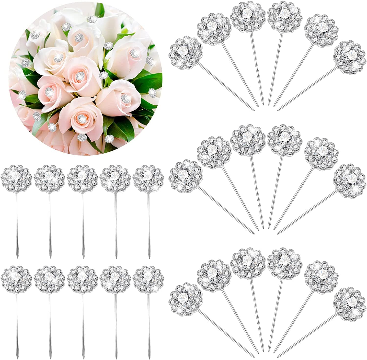 36 Pack Bouquet Pins Flower Pin round Diamond Crystal Floral Pins Rhinestone Wedding Corsages Pins Diamond Head Straight Pin for Wedding Bridal Jewelry Decoration (Glitter Style)