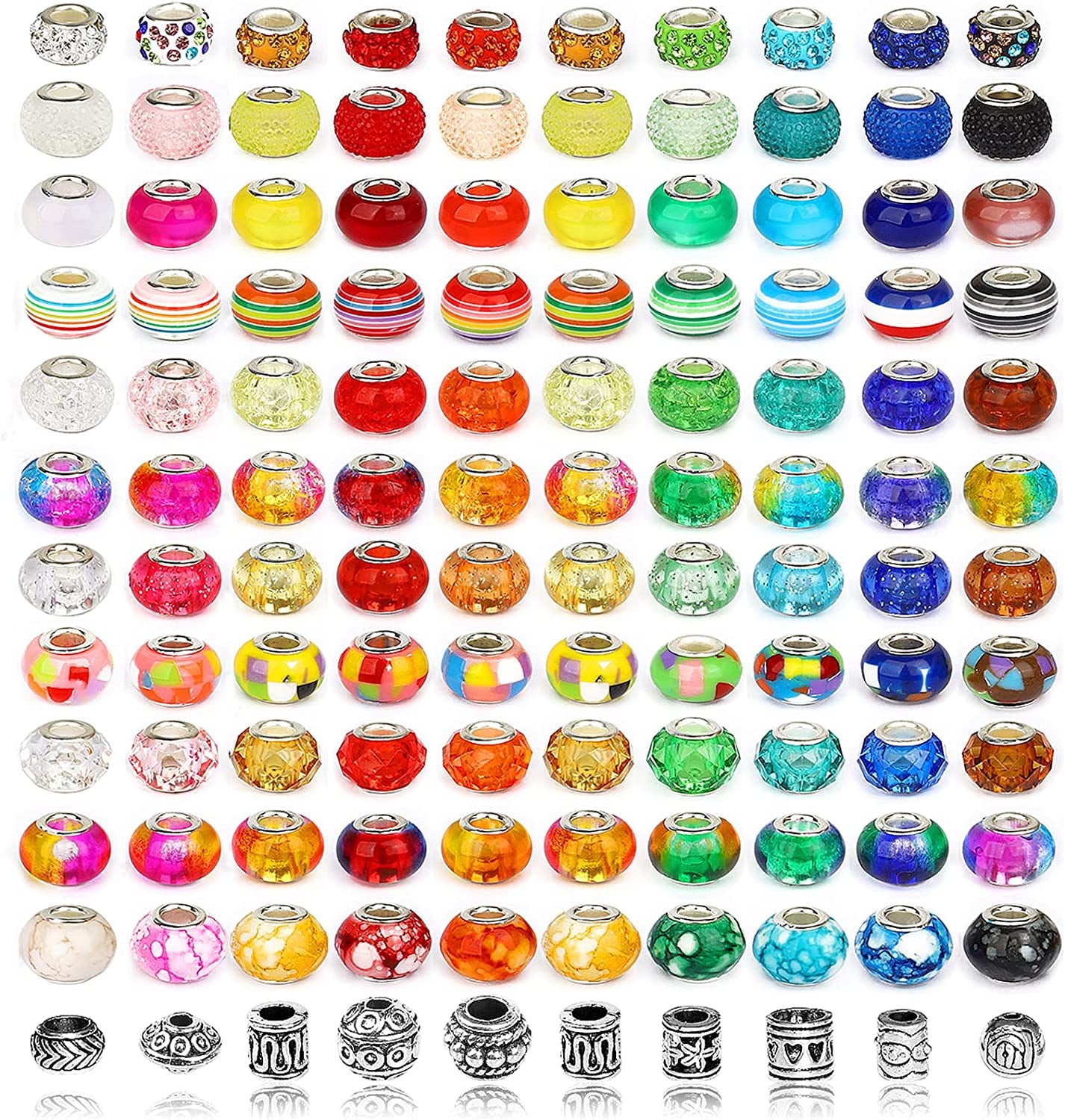 250Pcs Large Hole Beads for Jewelry Making,  200Pcs European Bulk Glass Rhinestones Lampwork with 50+Pcs Silver Spacer DIY Craft Bracelet Necklace Earring Making