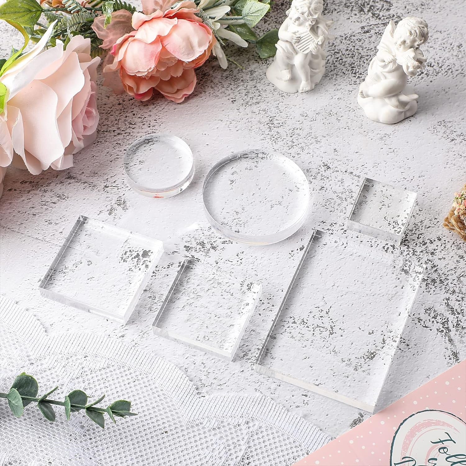6 Pcs Acrylic Blocks Wedding Flat Lay Props Acrylic Styling Block Photography Clear Stamp Display Block Set Props Wedding for Scrapbooking Crafts(Square, Round)