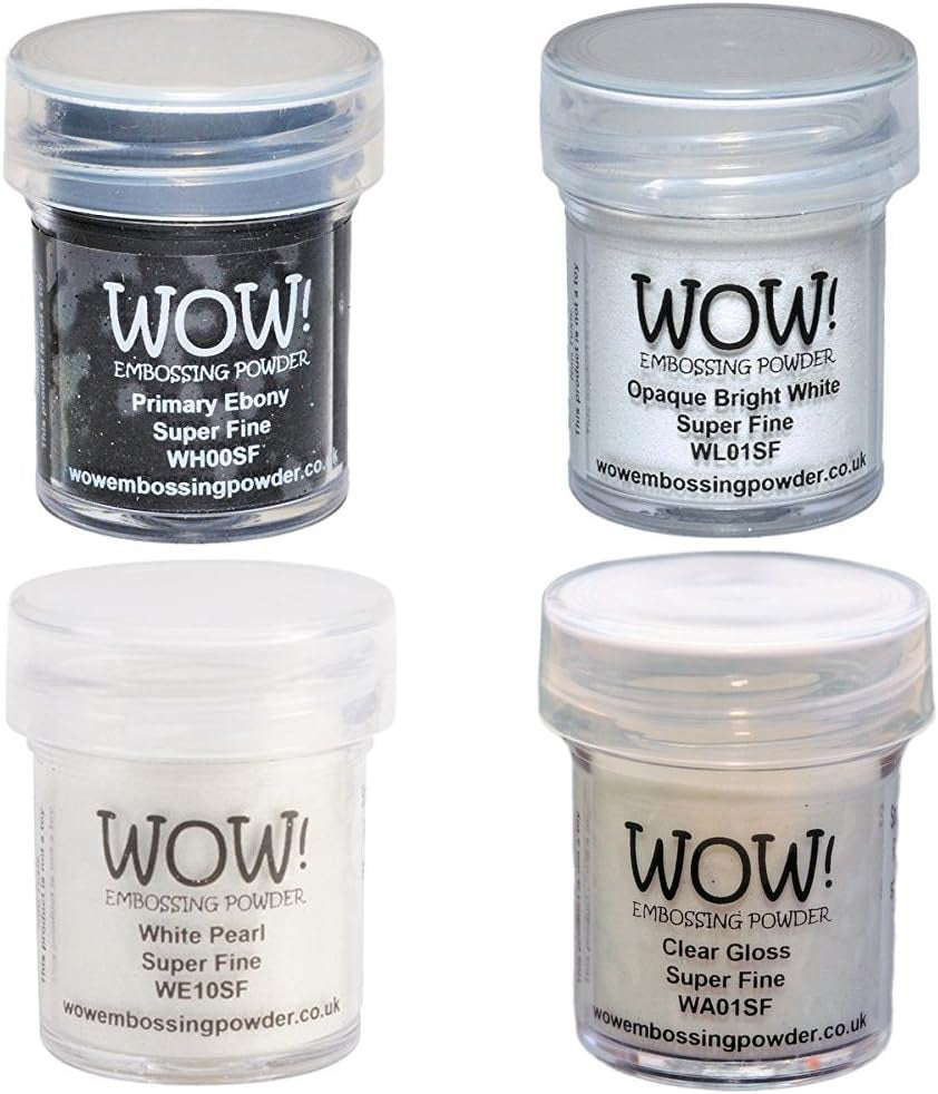 ! Embossing Powder Black and White Bundle: Primary Ebony, Opaque Bright White, White Pearl, Clear Gloss, 15ML