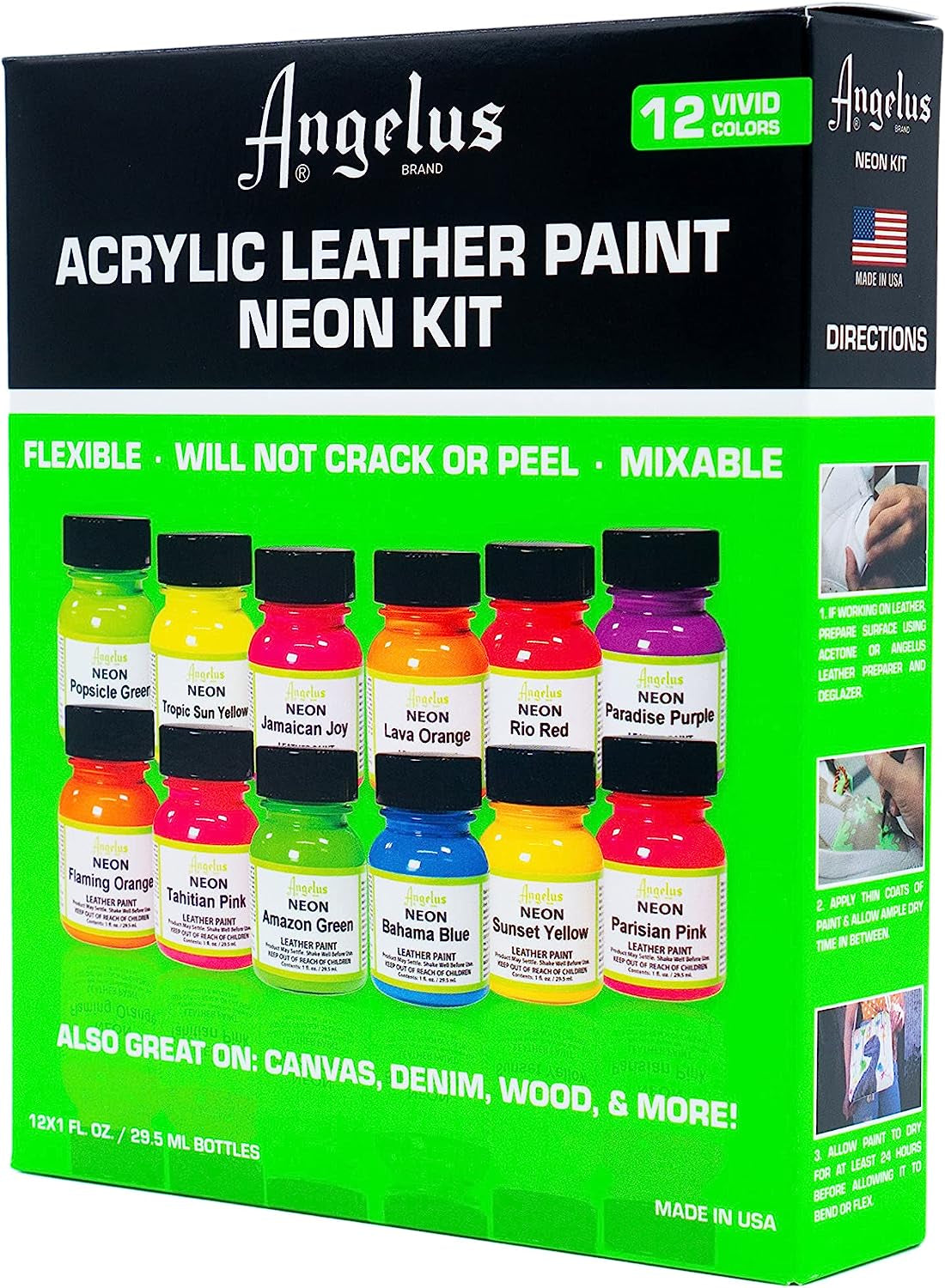 Neon Leather Paint 1Oz 12 Color Set Kit for Sneakers, Shoes Boots, Jackets, Shirts, Cups, & More- Made in USA