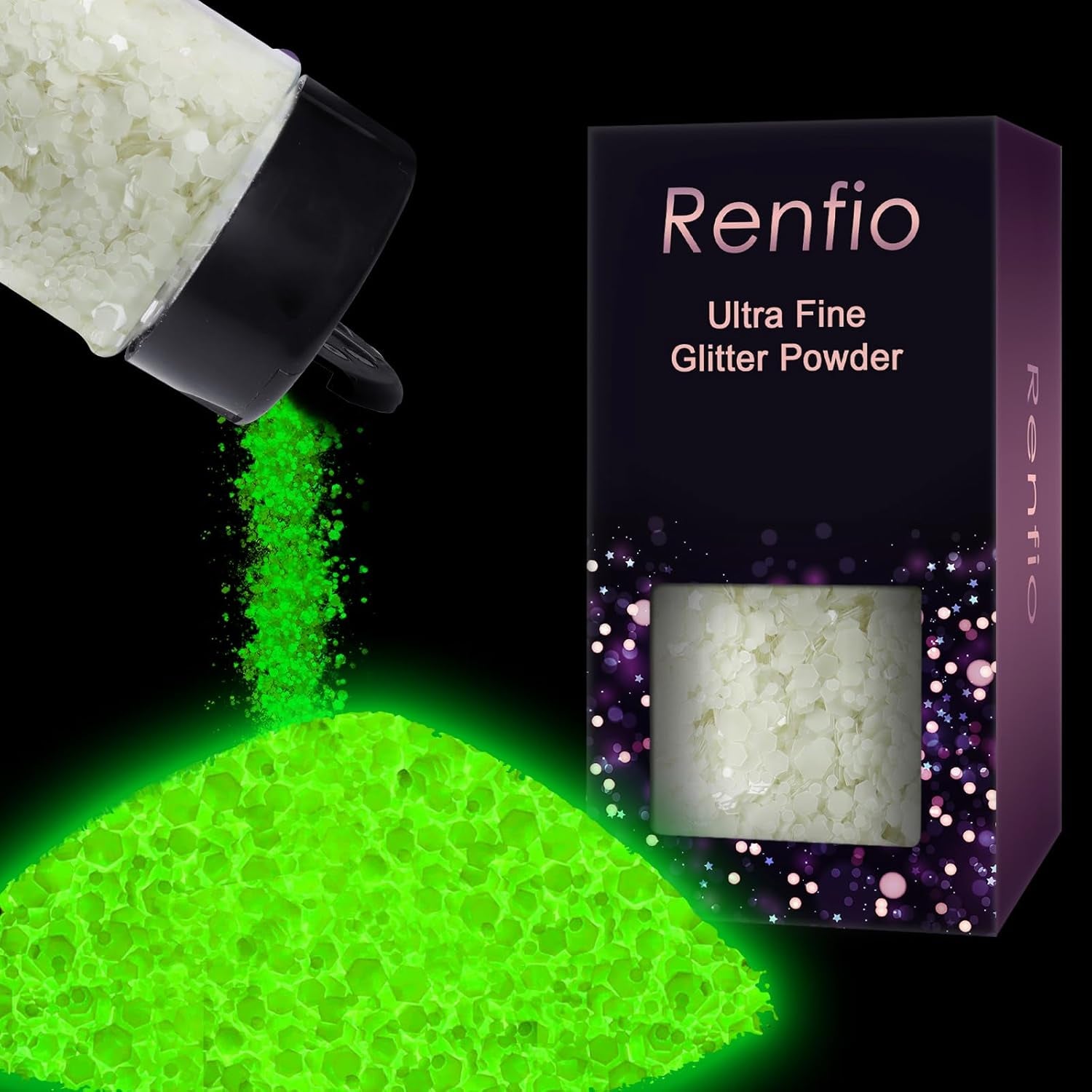 Glow in the Dark Glitter, 1.94Oz 55G Luminous Ultra Fine Glitters Powder Glowing Glitter Epoxy Resin PET Flake 1/128" 0.008" 0.2Mm Sequins for Craft Supplies Tumbler Slime Hair - White to Green