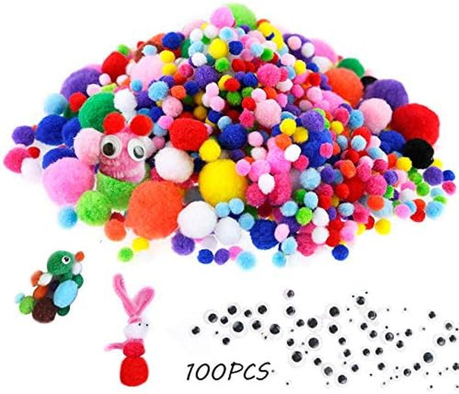 1400PCS 5 Sizes Multicolor Pom Poms Assorted Pompoms Balls with 4 Sizes Wiggle Eyes for Kids Creative DIY, Crafts Projects Making and Valentine'S Day Decorations