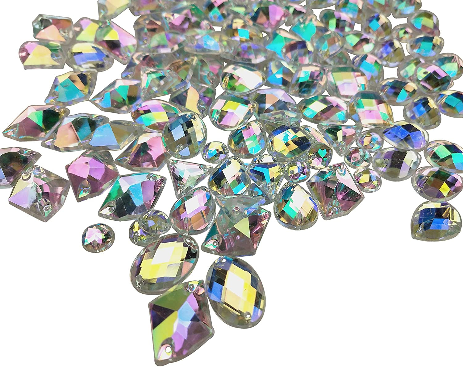 200PCS Crystal Gems AB Acrylic Flatback Sew on Diamante Rhinestones with Mixed Shapes for DIY Crafts Handicrafts Clothes Bag Shoes Decorations