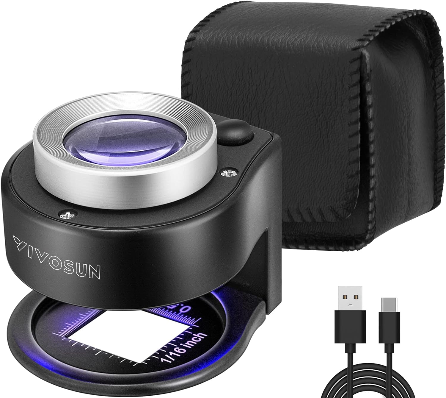 30X Rechargeable Loupe Magnifier with White LED Light and UV Light, Portable Magnifying Glass with Optical Glass Lens &amp; Scale for Jewelry, Textile, Gems, Stamps, Coins and Plants