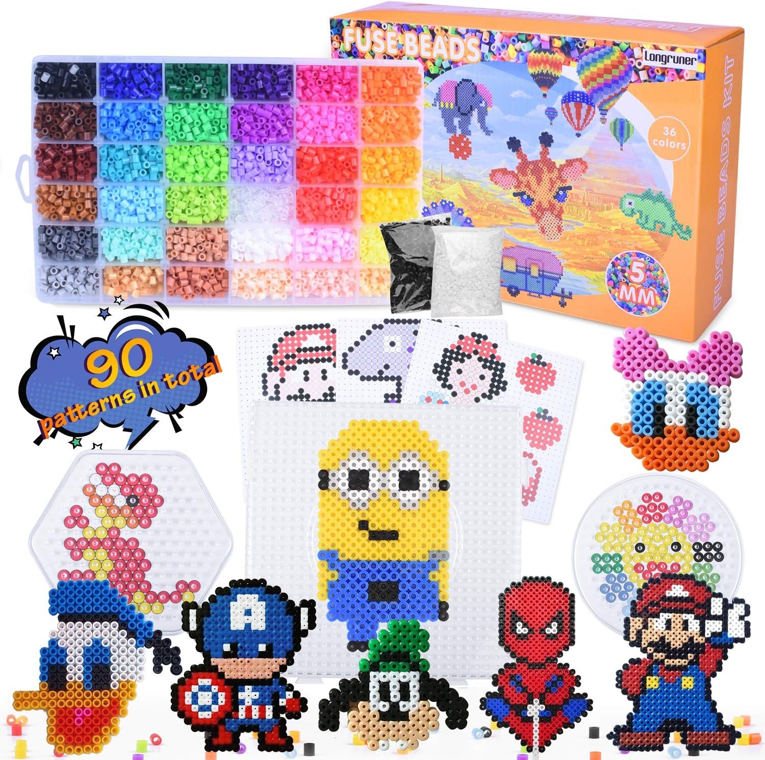 10000, 36 Colors Fuse Beads Kit 5Mm DIY Art Craft Toys for Kids with 4 Pegboards, 60 30 Pattern Paper| B, 10000Pcs