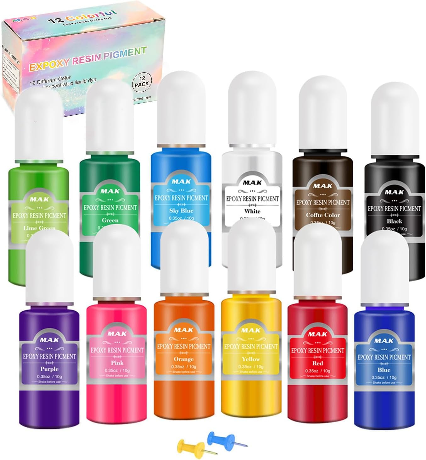 Epoxy Resin Pigment - 12 Colors Epoxy Resin Liquid Dye Transparent High Concentration Resin Colorant for Epoxy Resin Crafts Art Coloring, Painting, Jewelry DIY Making, 0.35Oz/10 Ml Each