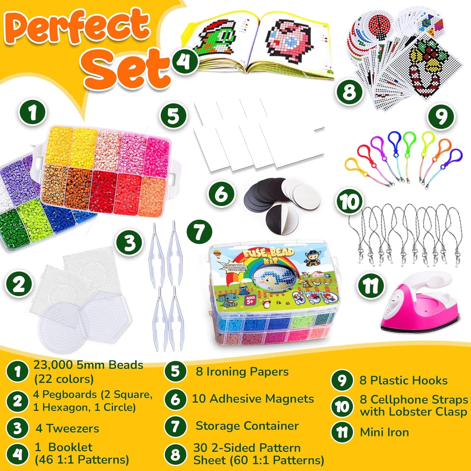 Board Fuse Beads Iron Set - Fuse Beads Set for Kids Crafts with Bead Pegboard and Aqua Pony Beads, Pixel Art and Craft Bead Kit (Large Set with Iron)