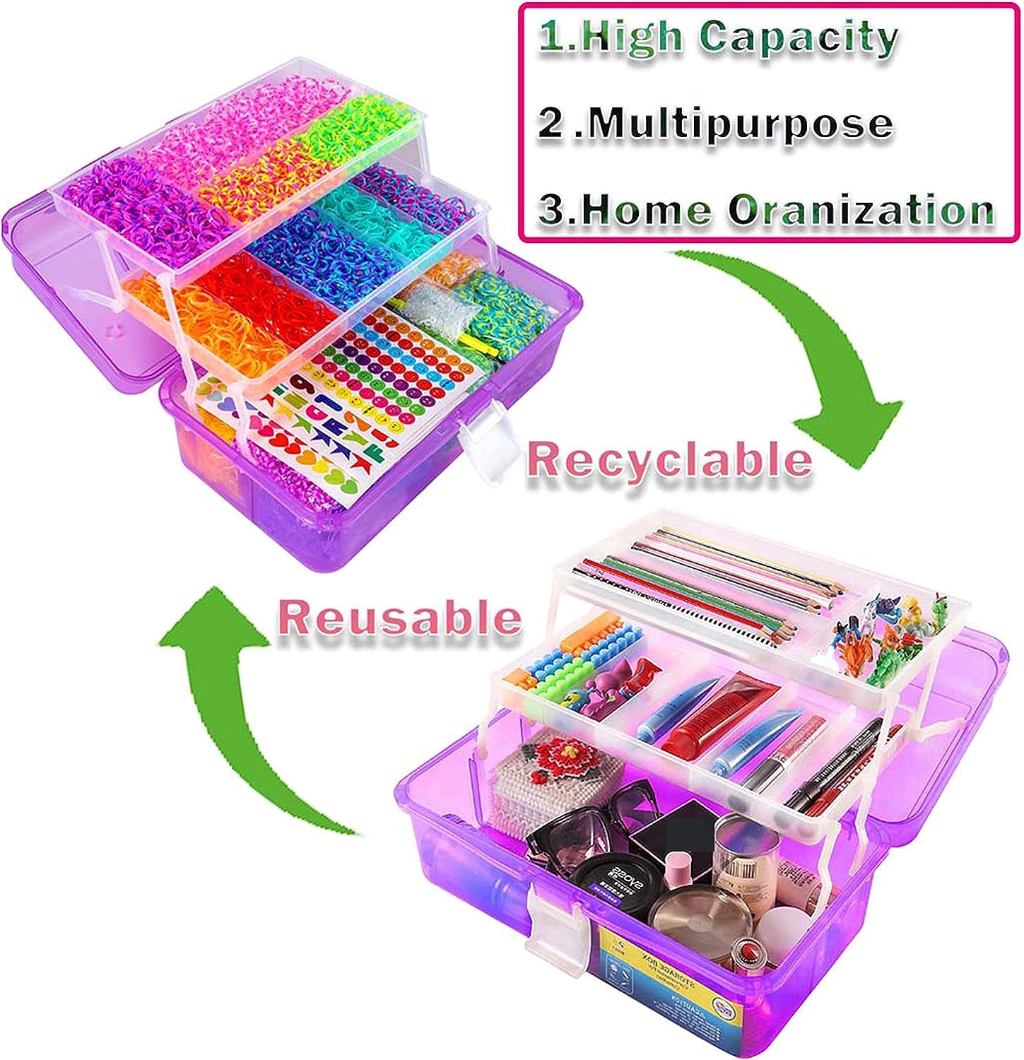 15000+ Rubber Loom Bands, Mega Rubber Bands Bracelet Kit,Loom Bracelet Making Kit with 3 Layer Container,30 Colors,380 Beads,30 Charms,Clips, Hooks Tools for DIY Art Craft