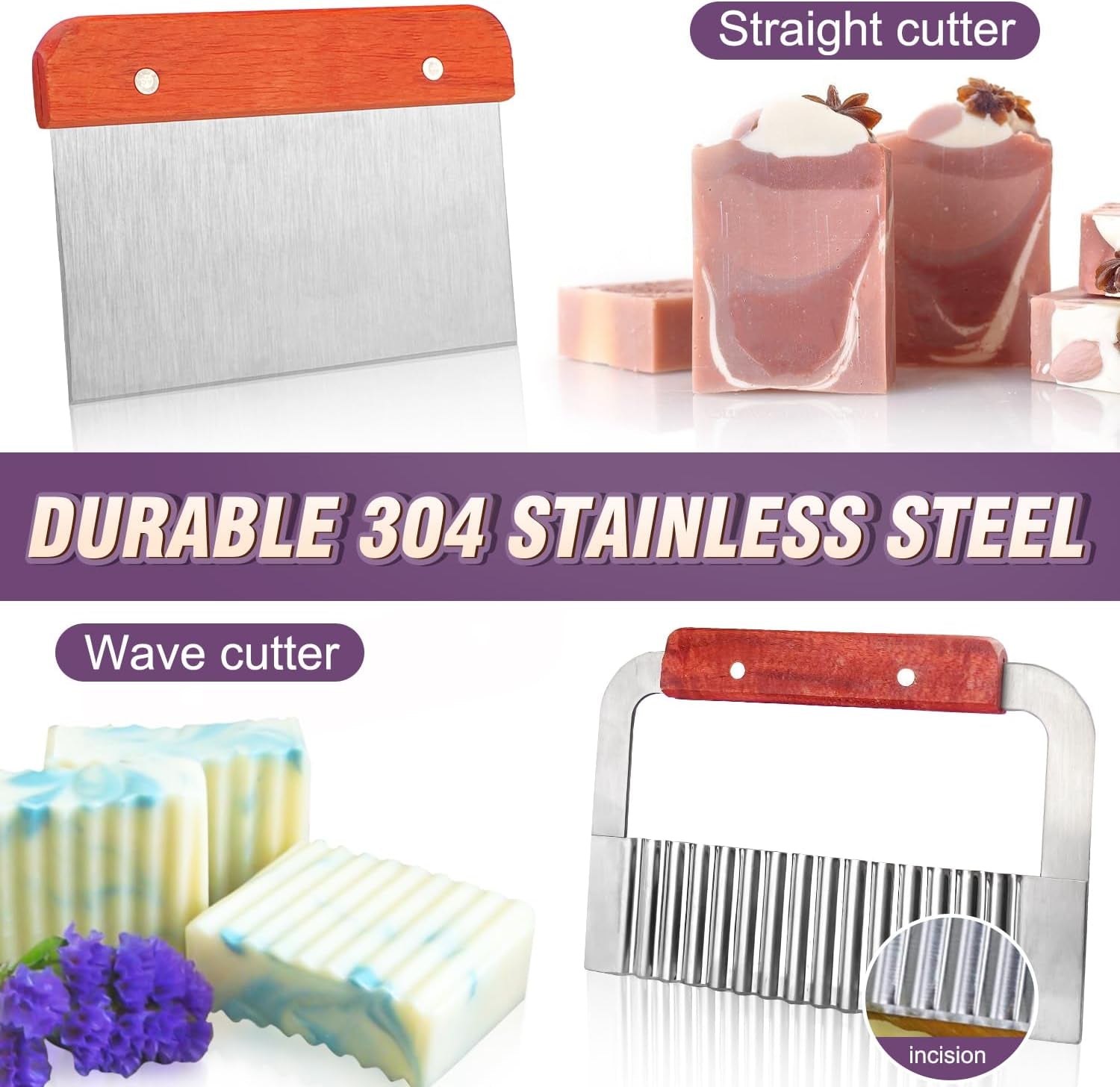 Silicone Soap Mold -  2Pcs Flexible Soap Molds for Soap Making Comes with Wood Box, Stainless Steel Wavy + Straight Scraper Cutters Rectangular Loaf Soap Mold