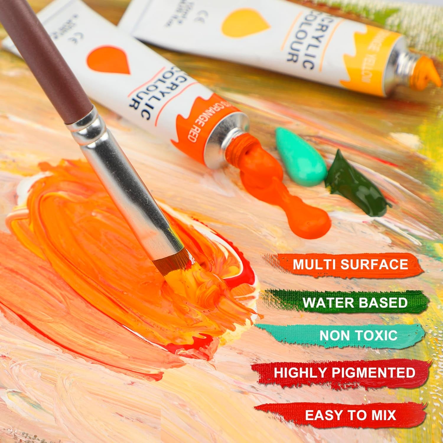 Acrylic Paint Set with 3 Paint Brushes, 24×12Ml Colors Premium Paint Set with 1 Palette 1 Canvas Boards, Art Painting Kits for Adults, Paint Supplies for Canvas Rock Painting Craft Art Class