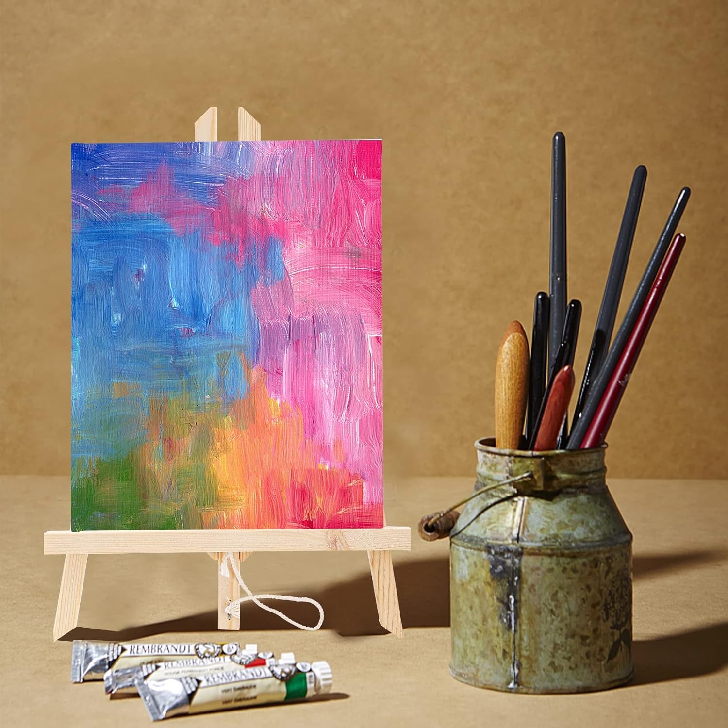 6 Packs 8" X 10" Canvas and Easel Set, Art Easel Stand with Canvas Set Tabletop Wooden Display Stand and Canvas Panels for Artist, Students, Adults, Kids Painting