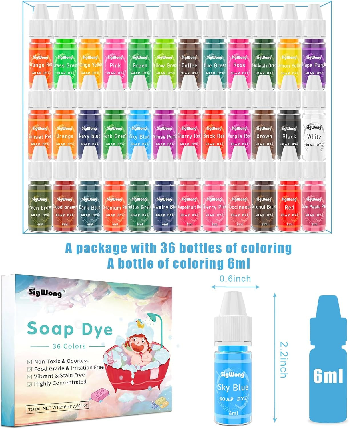 Bath Bomb Soap Dye - 36 Colors Concentrated Food Grade Skin Safe Liquid Based Colorant Vibrant Rainbow Coloring for Making DIY, Supplies Kit, Salt Crafting