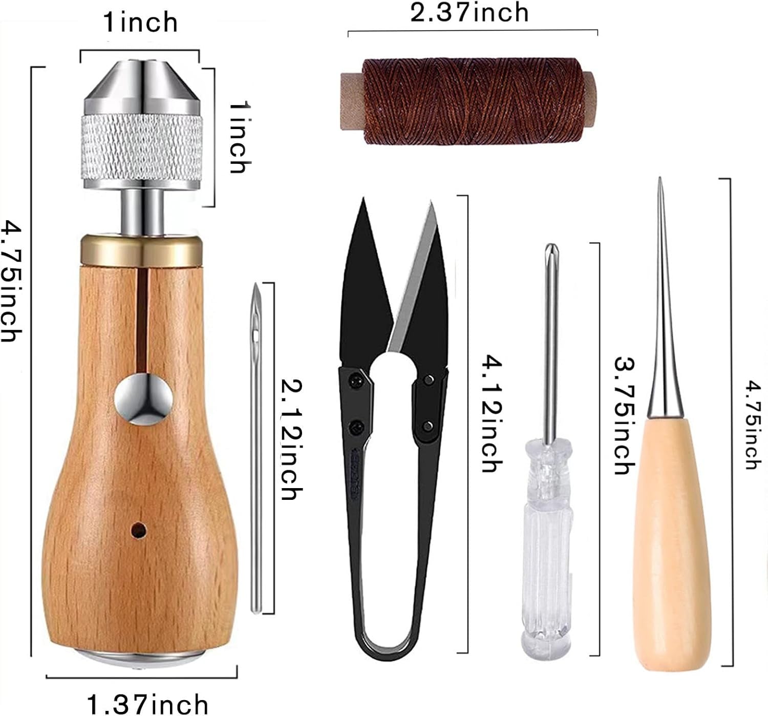 Professional Sewing Awl Kit, Portable Leather Sewing Awl Thread Kit with Straight Bent Needles Rolls Waxed Threads Small Screwdriver Yarn Scissors Needle Threader Tape Measure for DIY Craft