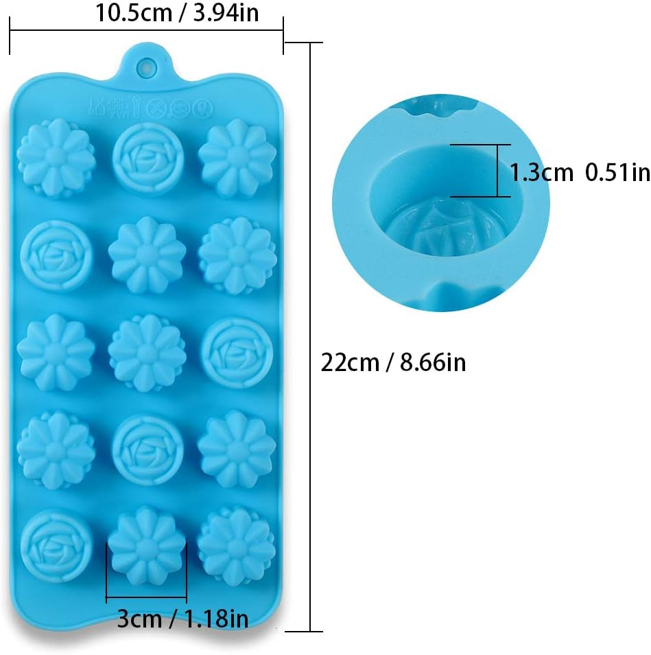 Flower Shape Silicone Molds, 4 Packs 15 Cavity Nonstick Food Grade Silicone Molds DIY for Chocolates, Candies, Ice Cubes, Jellos, Handmade Soap, and Bath Bombs