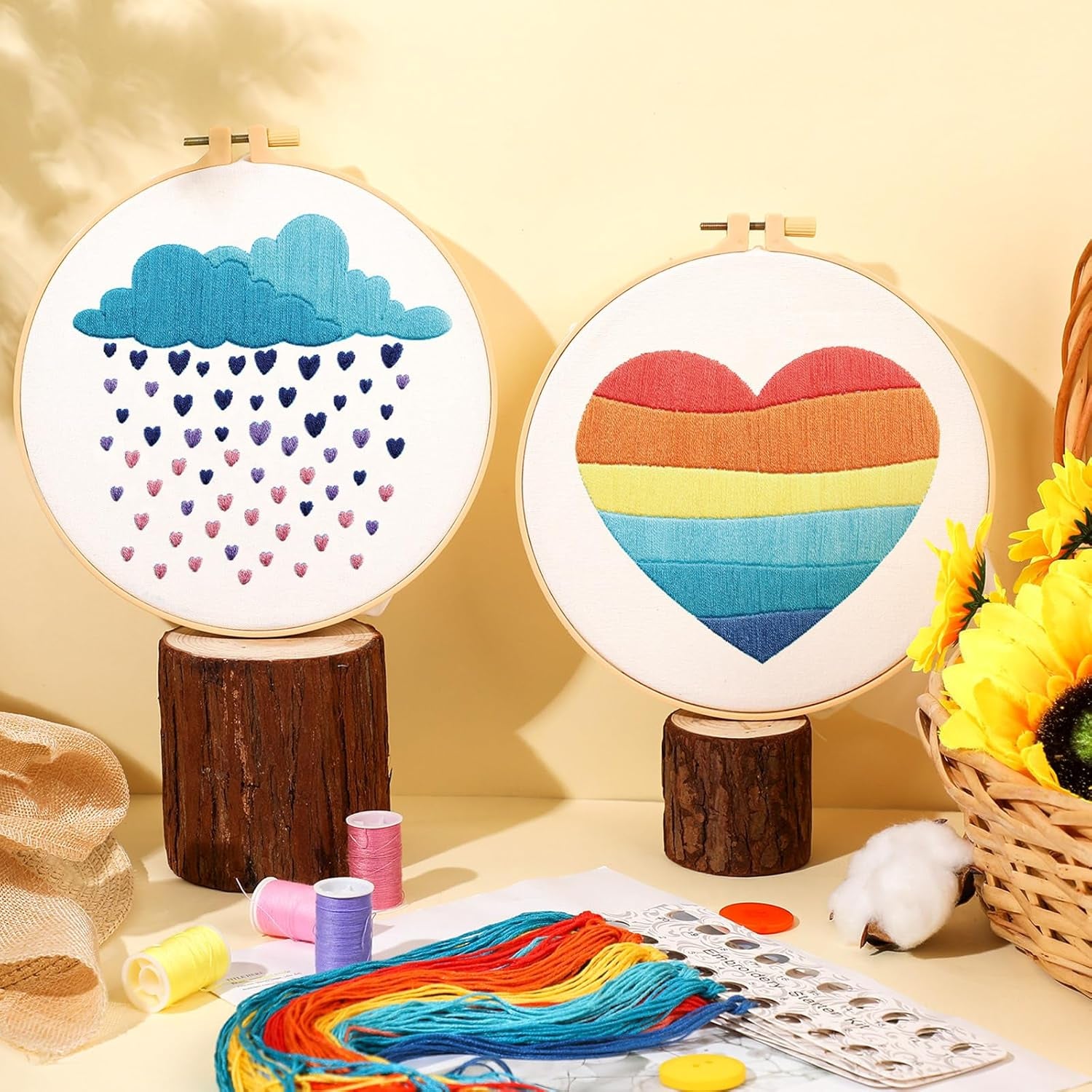 5 Set Embroidery Kit for Beginners Boho Rainbow Cross Stitch with Patterns Embroidery Hoops Instructions Embroidery Floss Needlepoint Kits DIY Adult Beginner Cross Stitch Crafts
