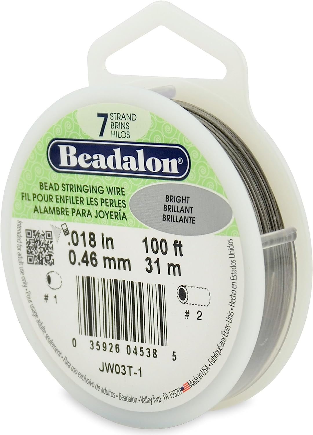 7 Strand Stainless Steel Bead Stringing Wire, 0.018 in / 0.46 Mm, Bright, 100 Ft / 31 M