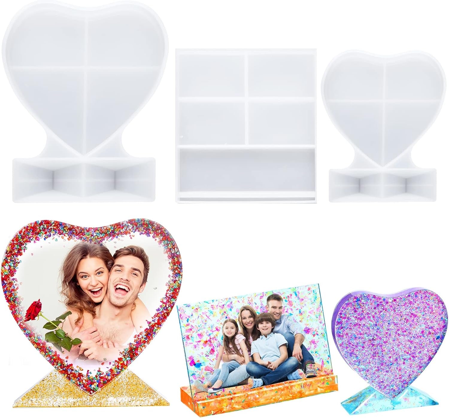 3 Pieces Resin Photo Frame Molds Heart Rectangle Shape Silicone Picture Mold for Casting, DIY Personalized Epoxy Photo Frame Mold for Crafts Table Home Decor