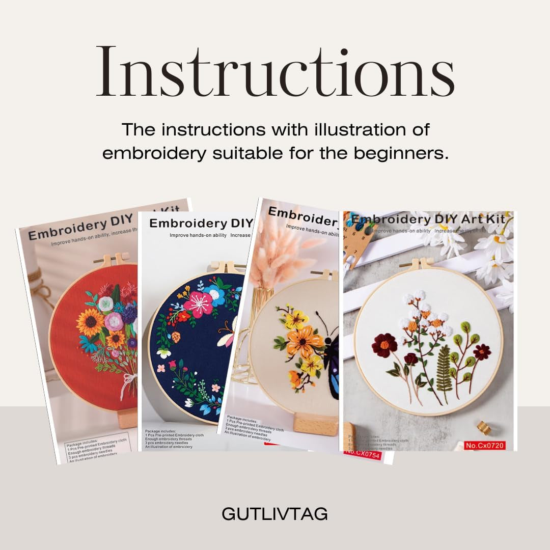 Embroidery Kit for Adults Beginners, 4 Pack Cross Stitch Kits Include Cloth with Floral and Butterfly Patterns, 4 Embroidery Hoops, Color Threads and Instructions for Sewing Beginners