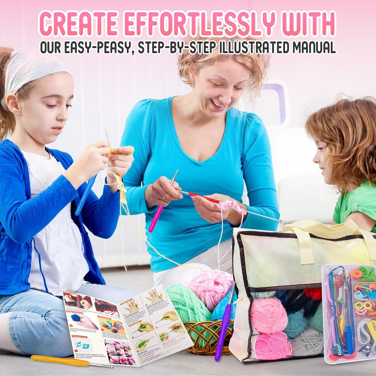 138-Piece Complete Crochet Kit for Beginners Adults & Kids, 25 Acrylic Yarn Colors, Ergonomic Hooks, Scarf Loom, Pompom Makers - Make Amigurumi, Scarves - Learn to Crochet Book - Ideal for All Ages