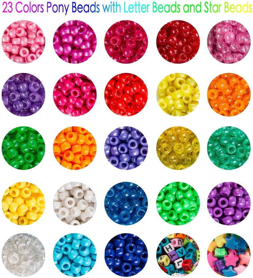 Pony Beads, 3,300 Pcs 9Mm Pony Beads Set in 23 Colors with Letter Beads, Star Beads and Elastic String for Bracelet Jewelry Making by
