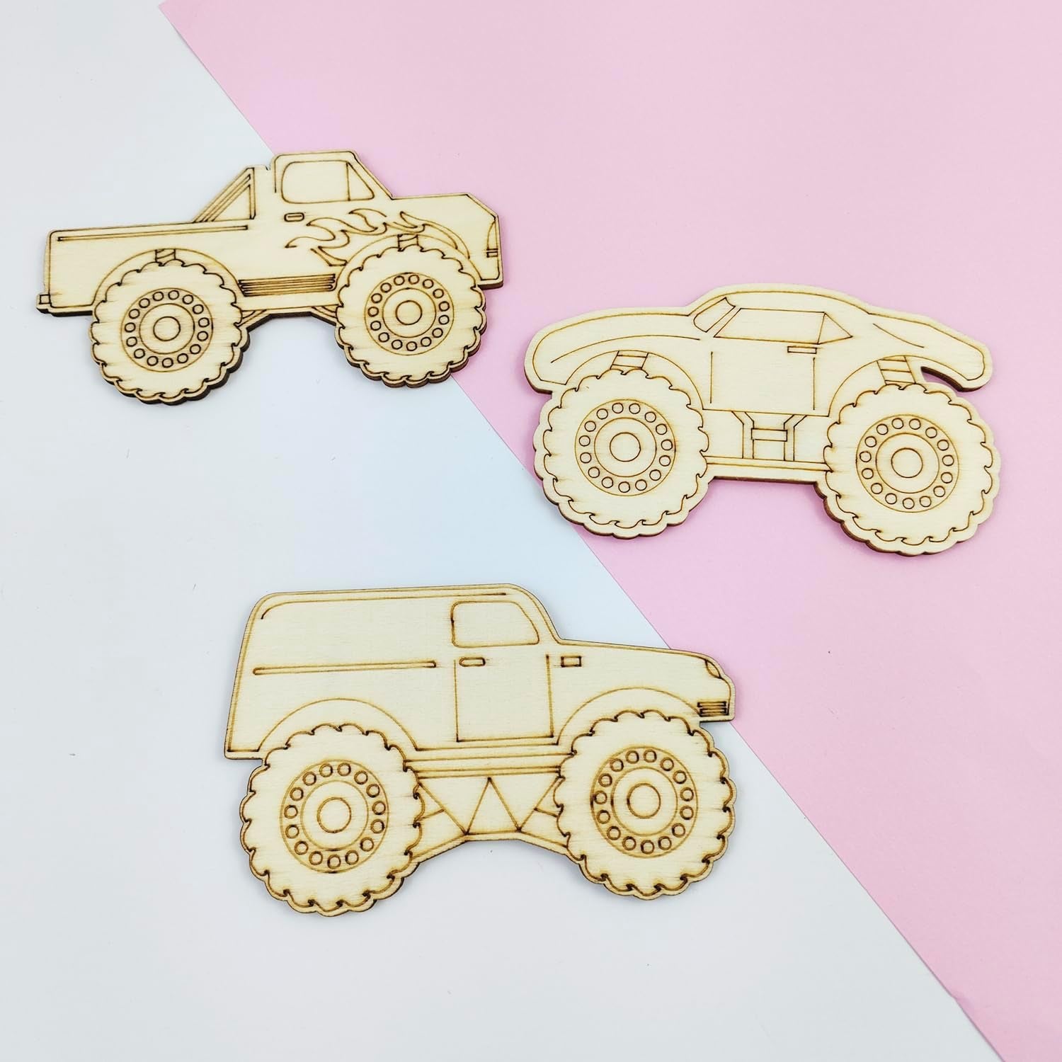 30 Pack Unfinished Wood Monster Truck Cutouts Crafts Truck Party Game Favors Vehicles to Paint Wooden Truck Hanging Ornaments DIY Gift Tags for Home Party Decoration Craft Project
