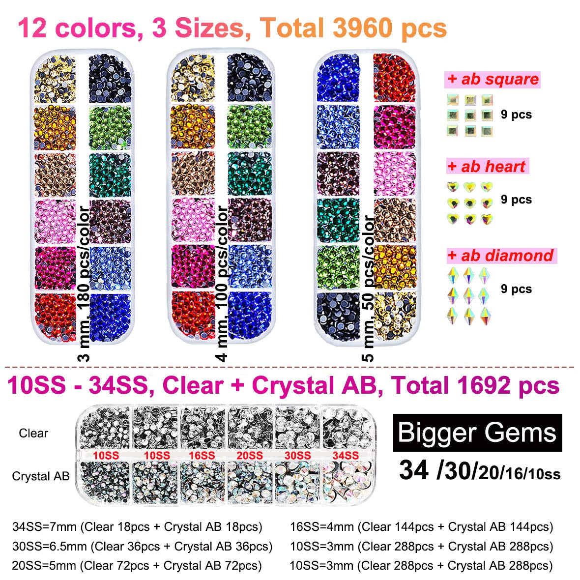 Hotfix Applicator Tool, DIY Hot Fix Rhinestone Setter, Hot Fixed Kit, 5679 Pcs, AB, Clear, 34/30/20/16/10SS, 12 Colors, Bigger Rhinestones, Gem Picker, Bedazzler Kit with Rhinestones