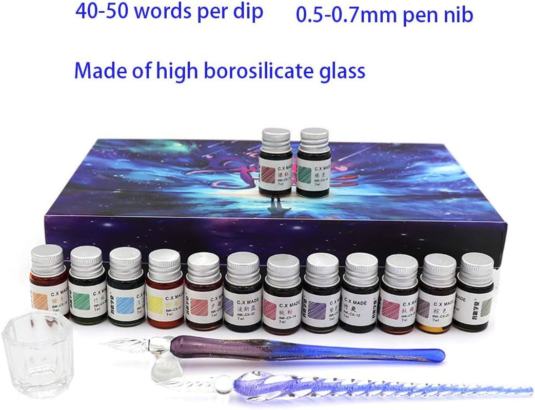 Glass Dip Calligraphy Pen Set, 18-Pieces 14 Color Inks, Pen Holder, Cleaning Cup, 2 Crystal Glass Pens for Art, Writing, Drawing, Signatures, Gift for Kids and Artist