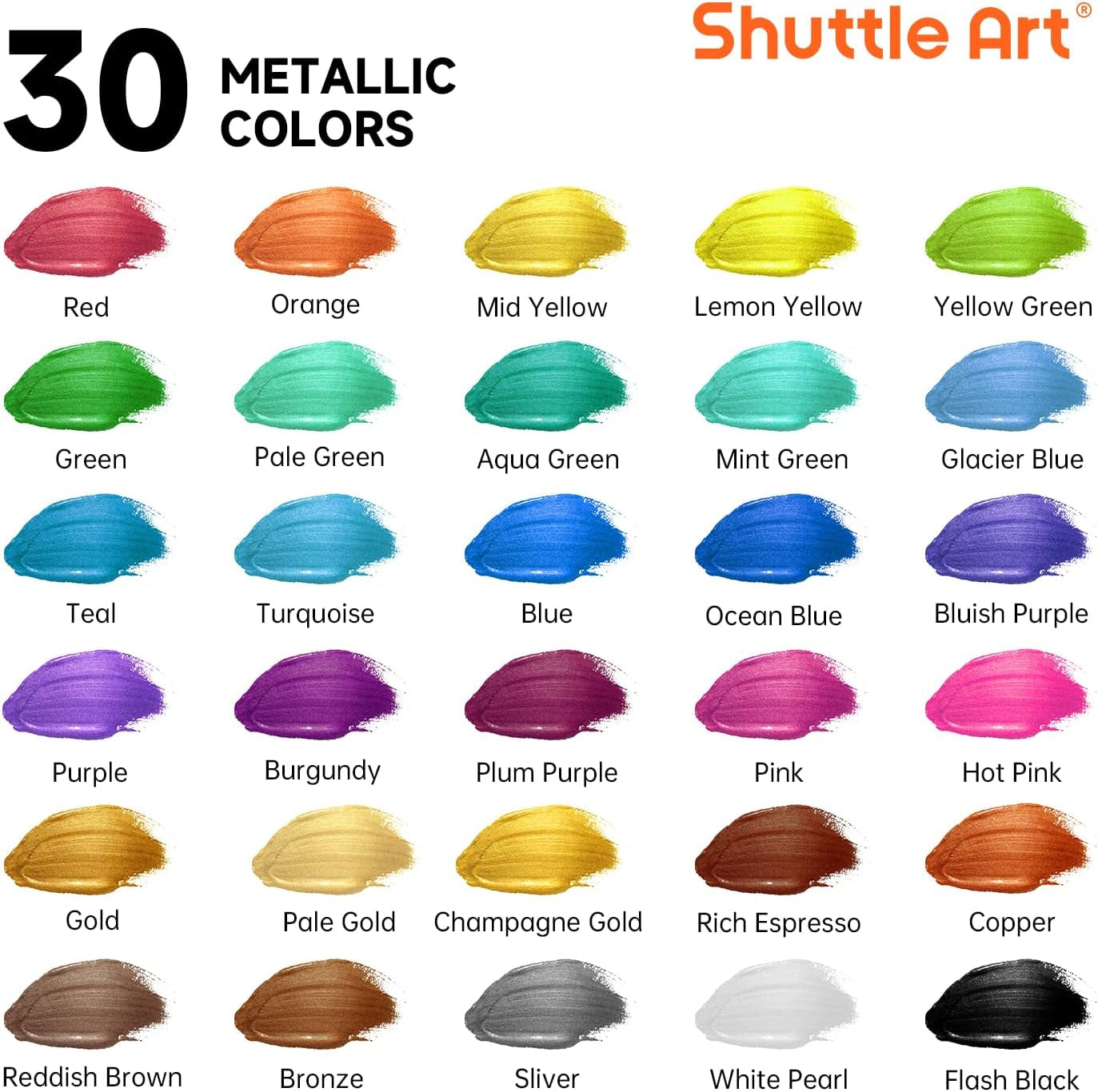 30 Colors Metallic Acrylic Paint, Artist Grade Metallic Paint in Bottles (60Ml, 2Oz), Rich Pigmented, High Viscosity, Non-Toxic for Artists, Beginners on Rocks Crafts Canvas Wood Fabric