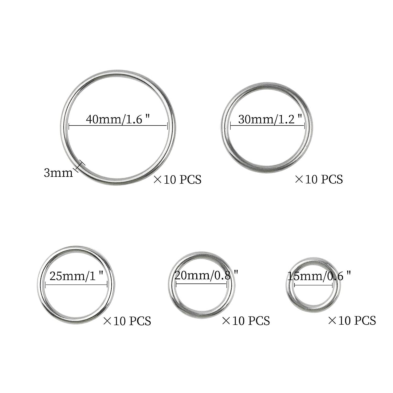 50 Pcs Stainless Steel Smoothing Welded O-Ring, 15/20/25/30/40Mm inside Diameter Metal round Rings for Camping Belt, Dog Leashes, Hardware (Thickness 3Mm, 10 of Each)