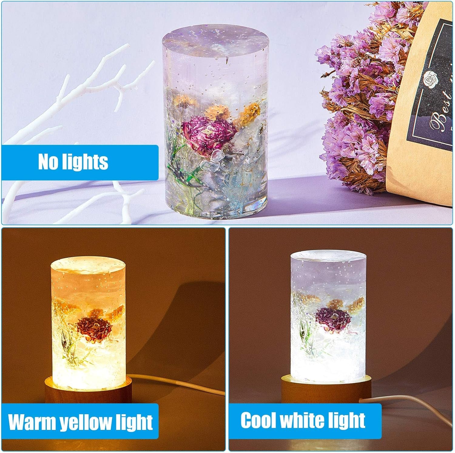 3 Pieces Cylinder Light Resin Silicone Mold Set, Include Resin Cylinder Light Mold and USB Powered Wooden Lighted Base Stand for DIY Table Candle Desktop Lamp Ornaments Home Decorations